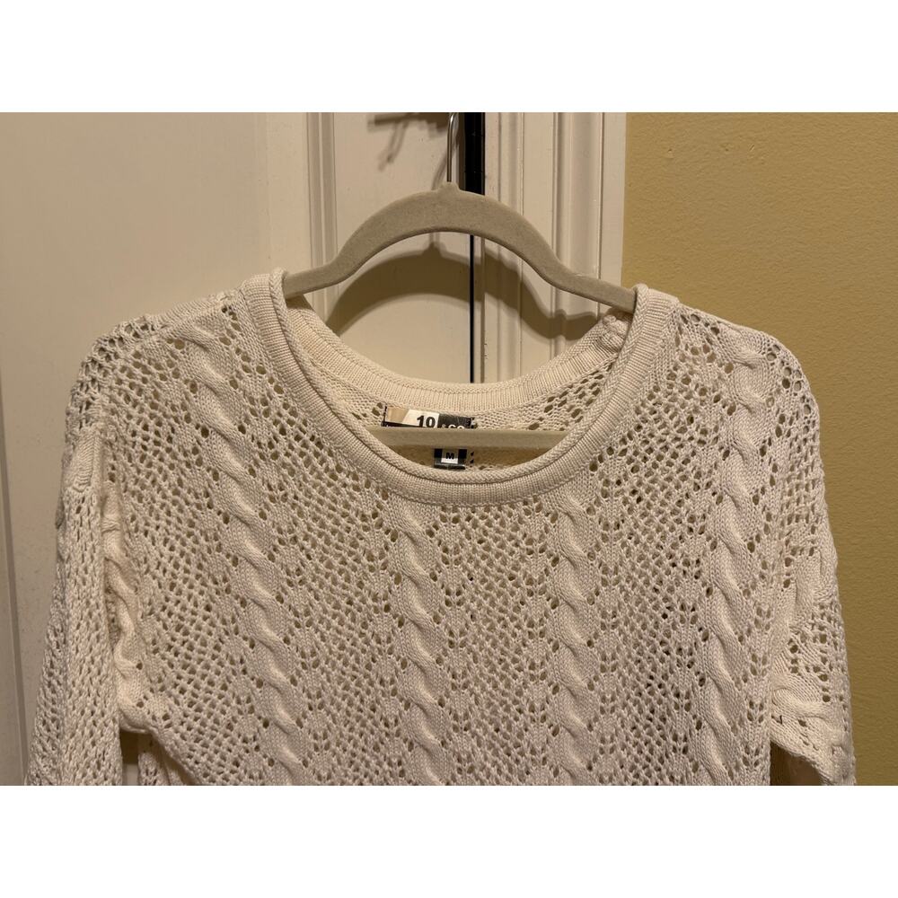 10 & Co Women’s Medium Ivory Cable Knit Openwork Cotton Sweater Coastal Boho - Picture 4 of 10